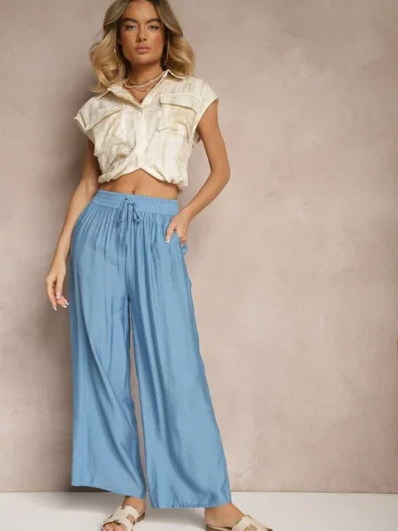 Spodnie Typu Palazzo o Szerokim Kroju High Waist Ozdobione Wiązaniem Yaslevia niebieskie