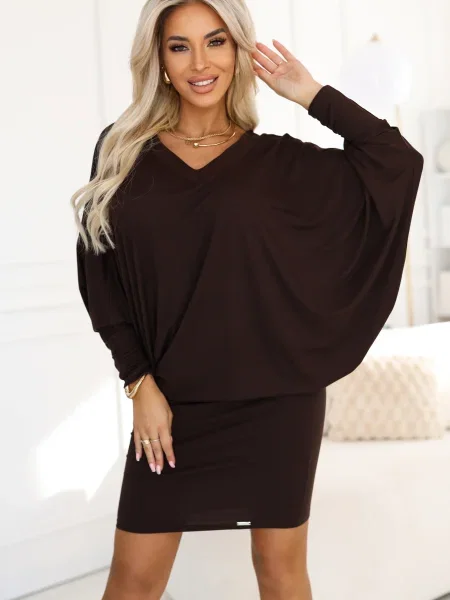 Rochie maxi Numoco cu mâneci lungi lungă de costum maro