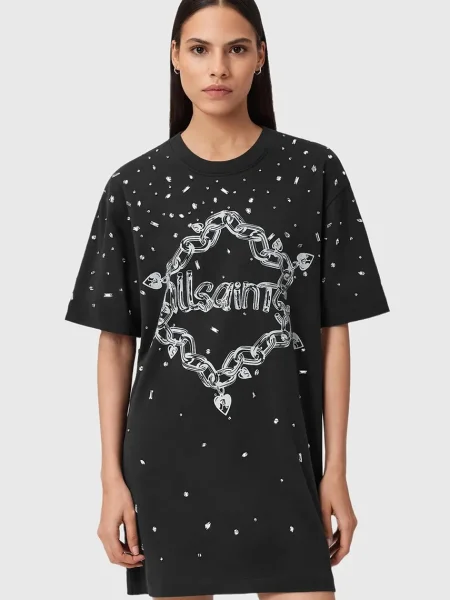Рокля AllSaints DRIP къса с уголемена кройка черно