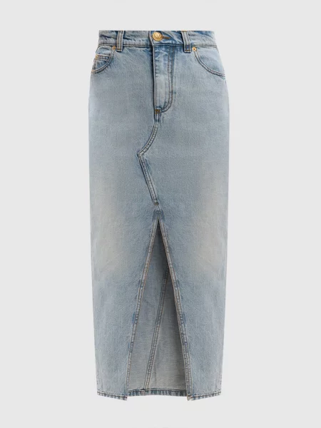 Джинсова спідниця міді з фігурним вирізом Balmain блакитна