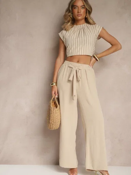 Spodnie z Wiskozą o Szerokim Kroju z Wiązanym Zileindra beżowe
