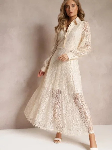 Koszulowa Sukienka Maxi z Ozdobnymi i Cyrkoniami z Koronkowej Tkaniny Armina beżowa