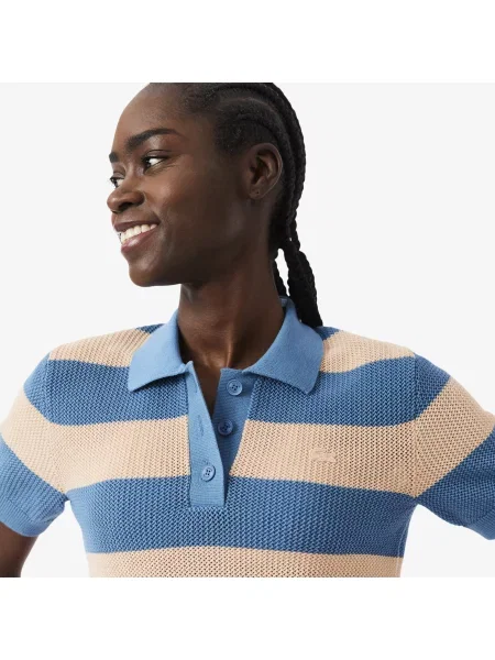 Lacoste Bluzka Z Kołnierzykiem Polo Z Krótkim Rękawem W Paski Regular Fit niebieska