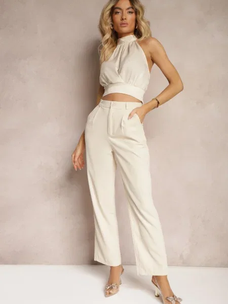 Închis Elegant Pantaloni Țigaretă cu Picior Larg Vonlea bej