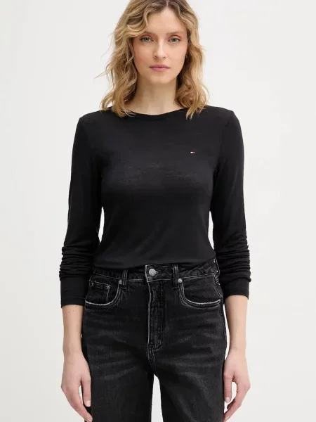 Tommy Hilfiger longsleeve z domieszką kaszmiru czarna