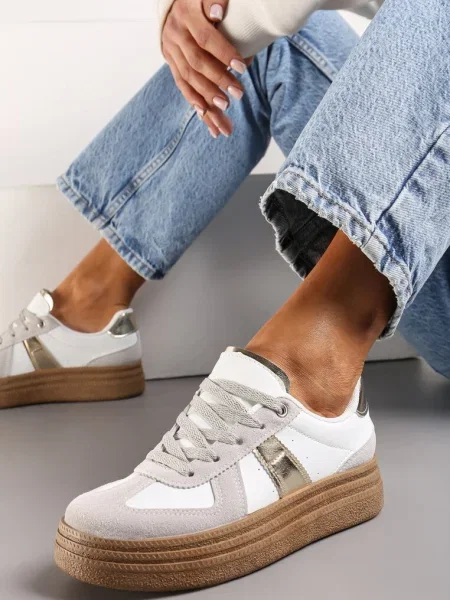 Sneakerși Gri-Albi cu Talpă Groasă și Cusături Decorative Ysdole gri
