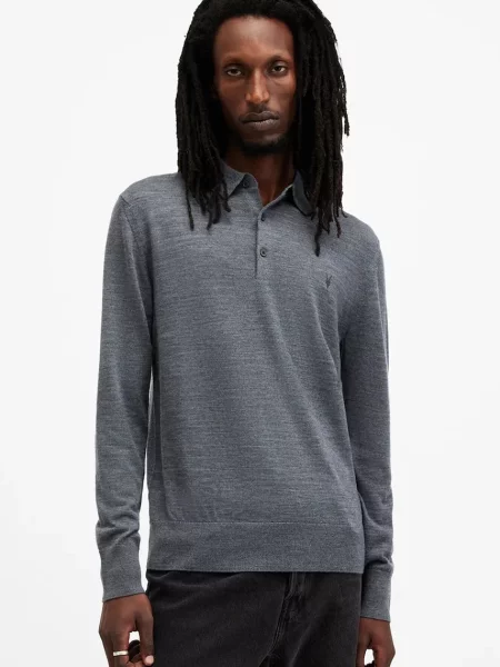 Вълнен пуловер AllSaints MODE MERINO мъжки тъмносиньо от лека материя сиво