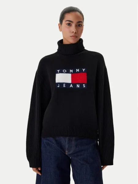 Tommy Jeans Bluză cu gât Flag negru