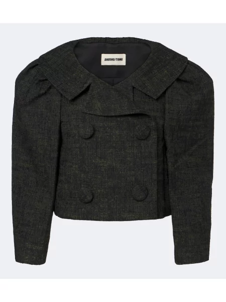 Decupat geacă Shushu/tong din tweed cu două rânduri de nasturi verde