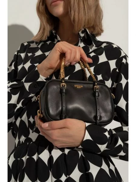 Iš natūralios odos shopper rankinė Moschino su autografu juoda
