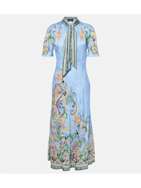 Satynowa sukienka midi Etro z wzorem paisley do kolan niebieska