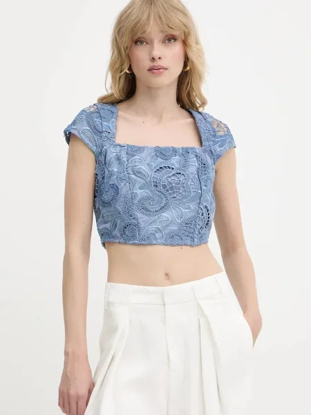 Блуза Guess DOMITILLE дамска с изчистен дизайн синьо