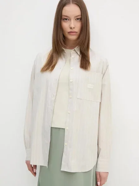 Košulja Calvin Klein Jeans za žene relaxed s klasičnim ovratnikom bež