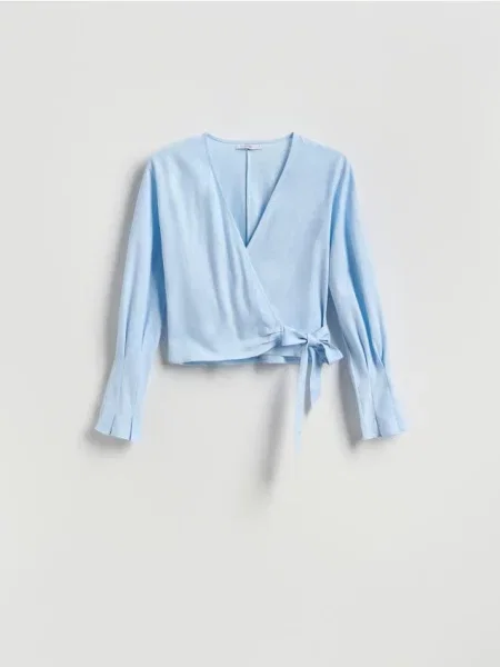 Reserved Bluză cu adaos de in albastru-pal albastru