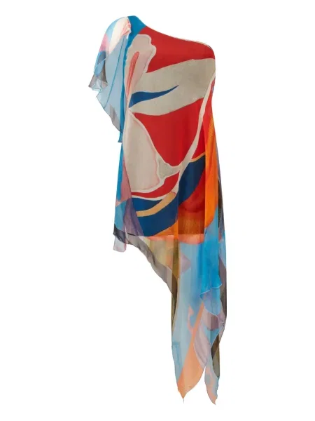 Rochie Donde Esteban de mătase cu model floral cu un umăr gol roșu