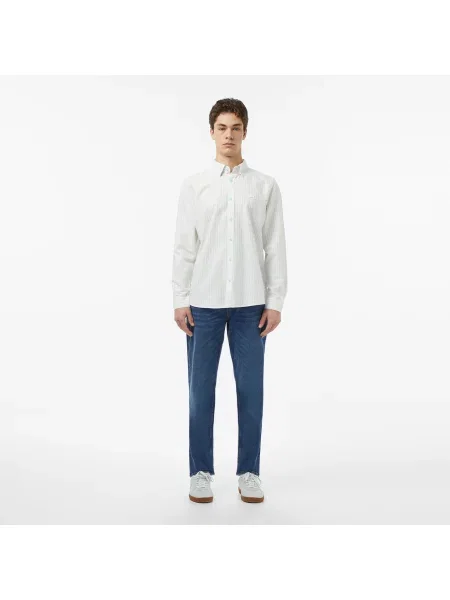 Lacoste Lniana Koszula W Paski Regular Fit biała