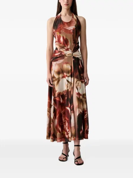 Rochie midi Bardot cu model floral cu imagine maro