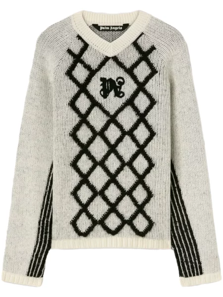 Pulover Palm Angels cu broderie cu model argyle alb
