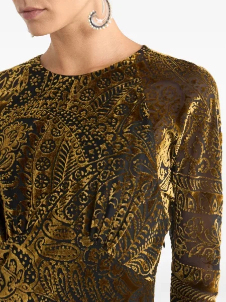 Rochie maxi Etro de catifea cu model floral de costum auriu