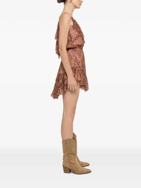 Rochie mini Nissa de mătase cu model floral cu imagine maro
