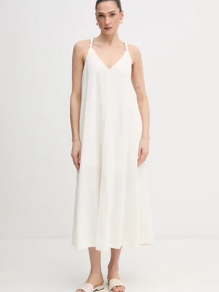 Dkny sukienka z dodatkiem lnu beżowa