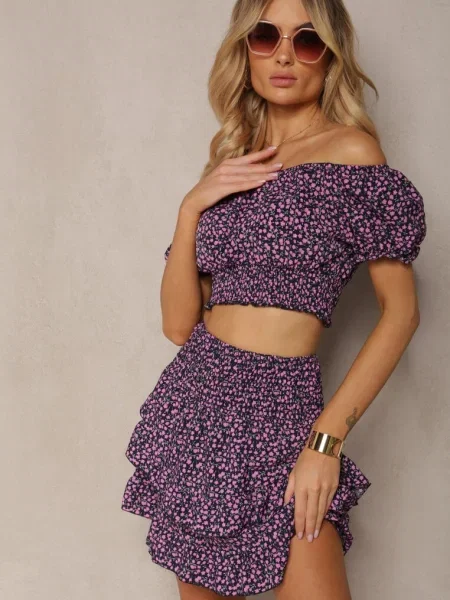 Komplet w Kwiaty Top w Stylu Hiszpanki i Spódnica z Falbanką Crispa granatowy