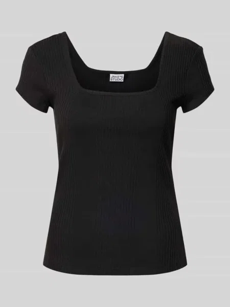 T-shirt w efekt prążkowania z prostokątny dekolt Jake*s Studio Woman czarna