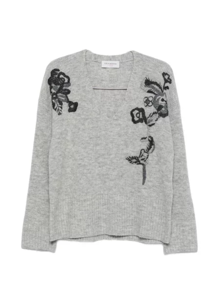 Pulover Ermanno Firenze cu model floral cu decolteu în V gri