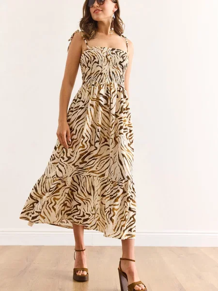 Olalook Haljina ecru/prljavo / smeđa / konjak bijela