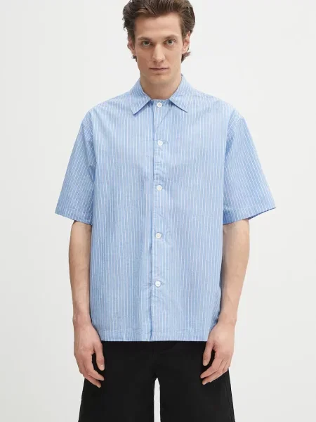 Norse Projects cămașă din Mads Poplin Stripe SS cu guler clasic relaxed albastru