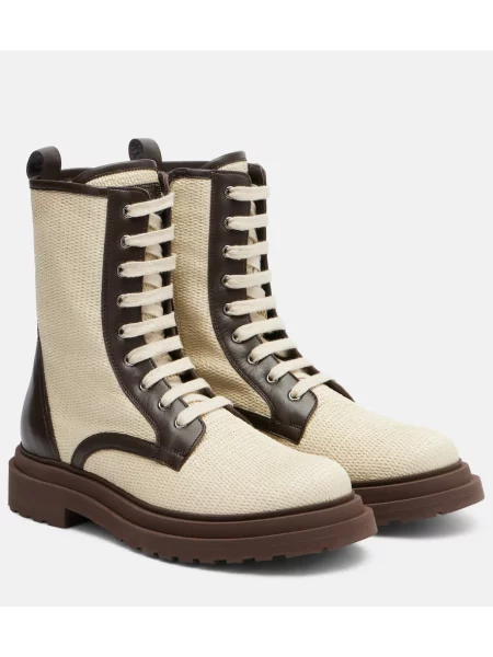 Botine Brunello Cucinelli cu șireturi din piele bej