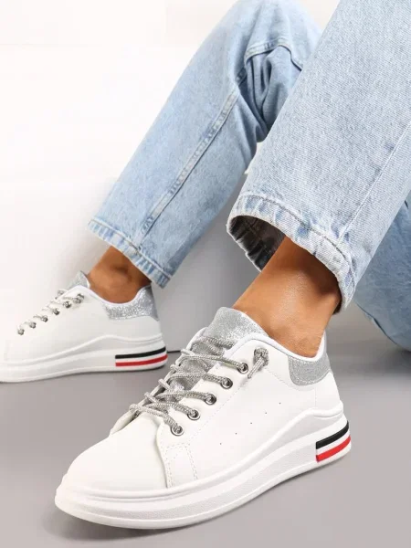 Biało-Srebrne Sneakersy Ozdobione Brokatem z Cyrkoniami na Sznurowadłach Nilena srebrne