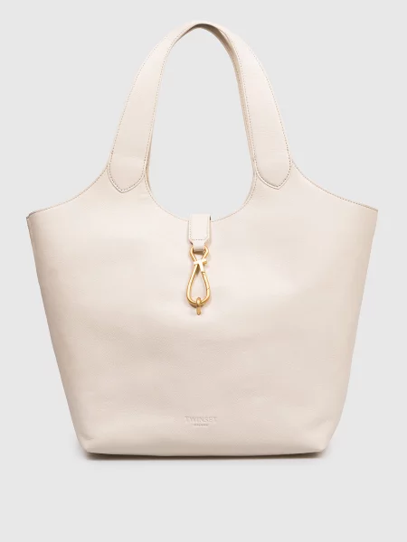 Шкіряна сумка-тоут кольору айворі з логотипом Twinset бежева