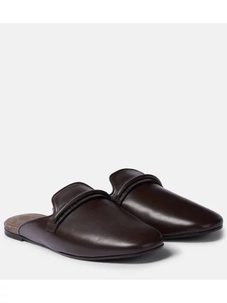 Papuci tip mules Brunello Cucinelli din piele maro
