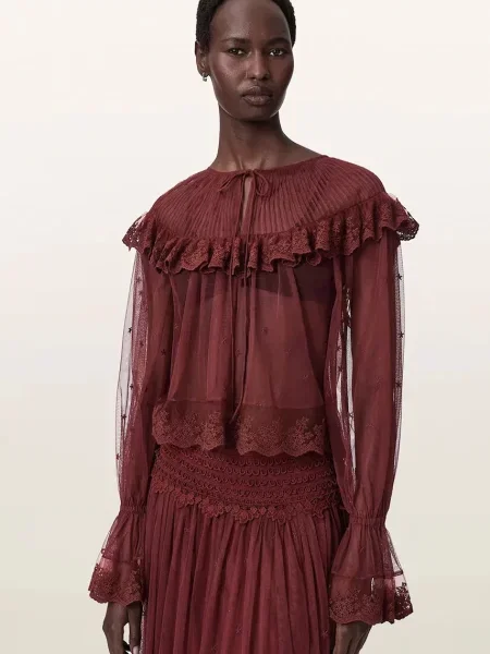 AllSaints bluză cu volane pentru femei din dantelă UNRULY SUSIE LS TEE
