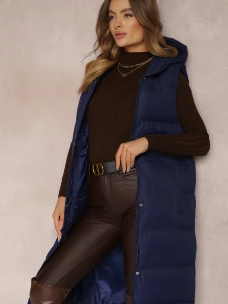 Vestă bleumarin lungă cu glugă matlasată Mellyn