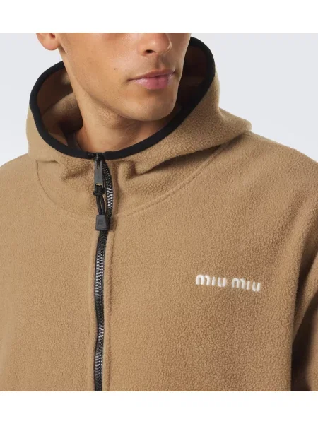 Geacă Miu Miu din fleece cu glugă bej