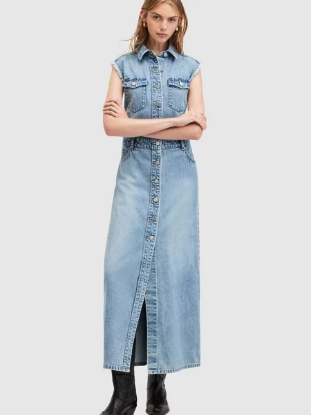 Дънкова рокля AllSaints BLAIR DENIM DRESS дълга със стандартна кройка синьо