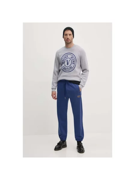 Sweter Versace Jeans Couture wełniany z dekoltem w serek szary