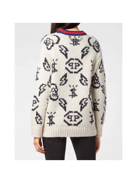 Sweter Philipp Plein wełniany z okrągłym dekoltem beżowy