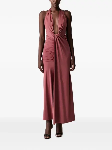 Rochie maxi Bardot cu volane cu gât halter roz