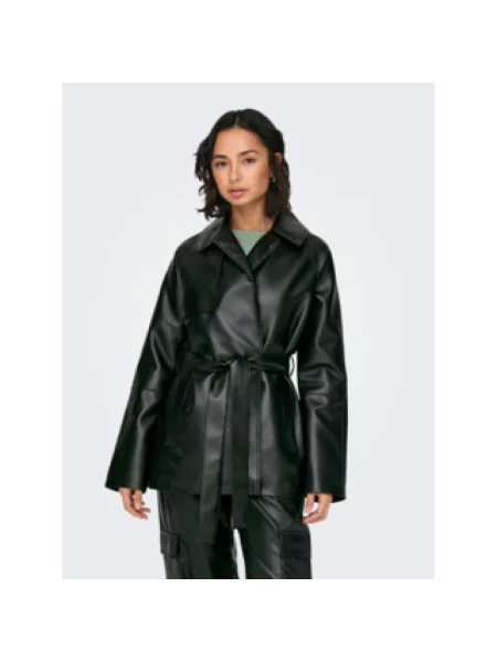 Krótki trencz Only skórzany czarny