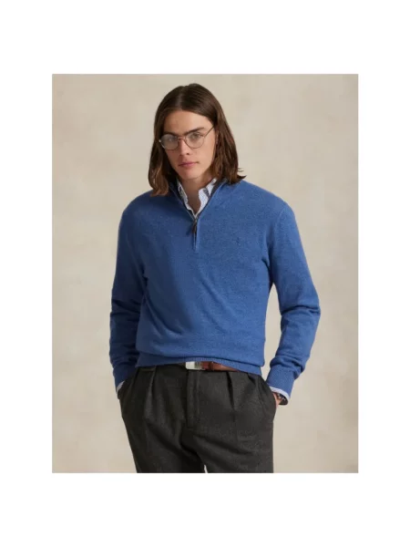 Sweter Polo Ralph Lauren wełniany z dekoltem w serek niebieski