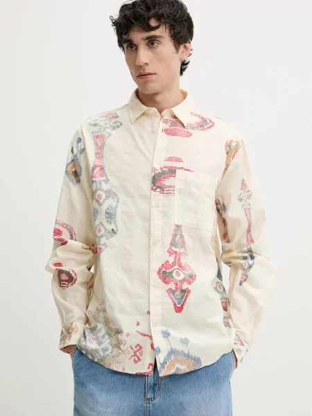 Риза Desigual IKAT мъжка със стандартна кройка с класическа яка бежово