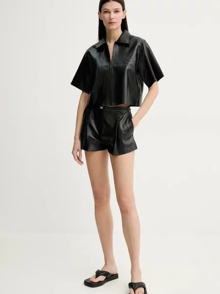 Stand Studio szorty skórzane Paulin gładkie high waist czarny