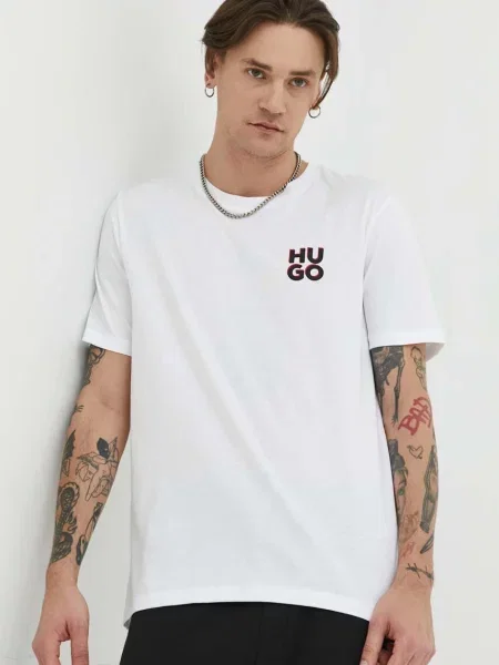 HUGO tricou din cu imprimeu alb