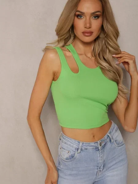 Jasnozielony Tank Top na Ramiączkach z Asymetrycznym Wycięciem Eraifa zielona