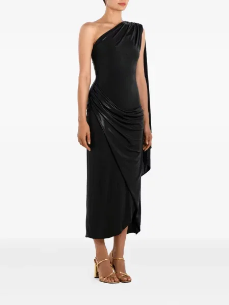 Rochie midi Post Meridiem drapată până la genunchi cu un umăr gol negru