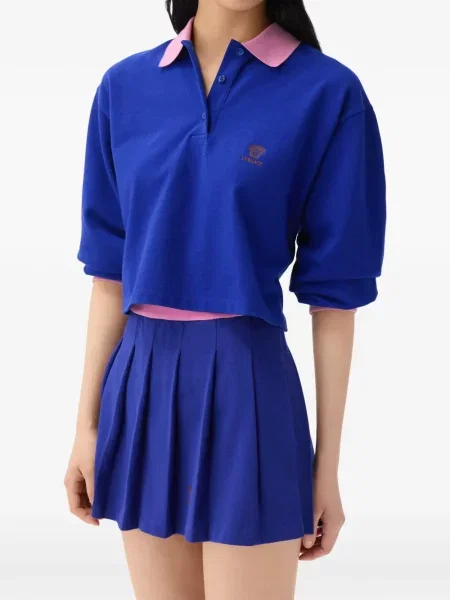 Lung tricou polo Versace cu autograf albastru