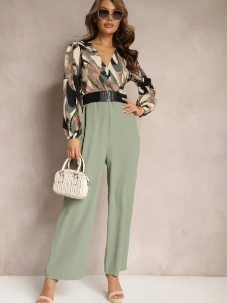 Salopetă Verde-Bej Cu Pliante Și Pantaloni Lărgi Nittama bej